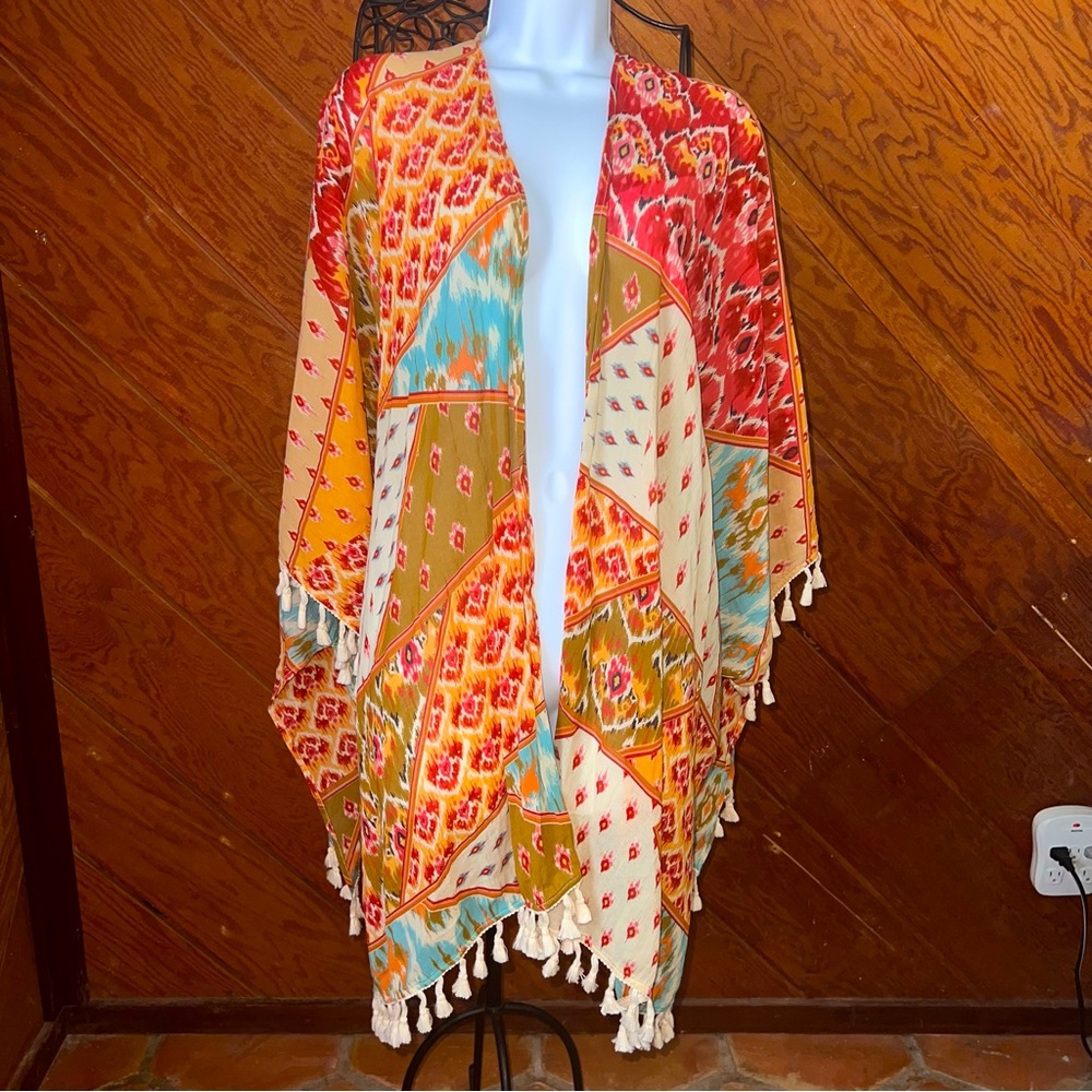 REBA S/M Boho Kimono Cardigan Tassel Trim Beachy Cover Up 100% Cotton
